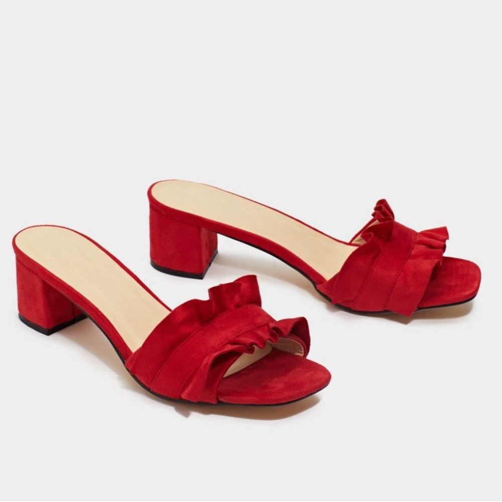 Nasty Gal Scarlet Red Suede Ruffle Block Heels Mules